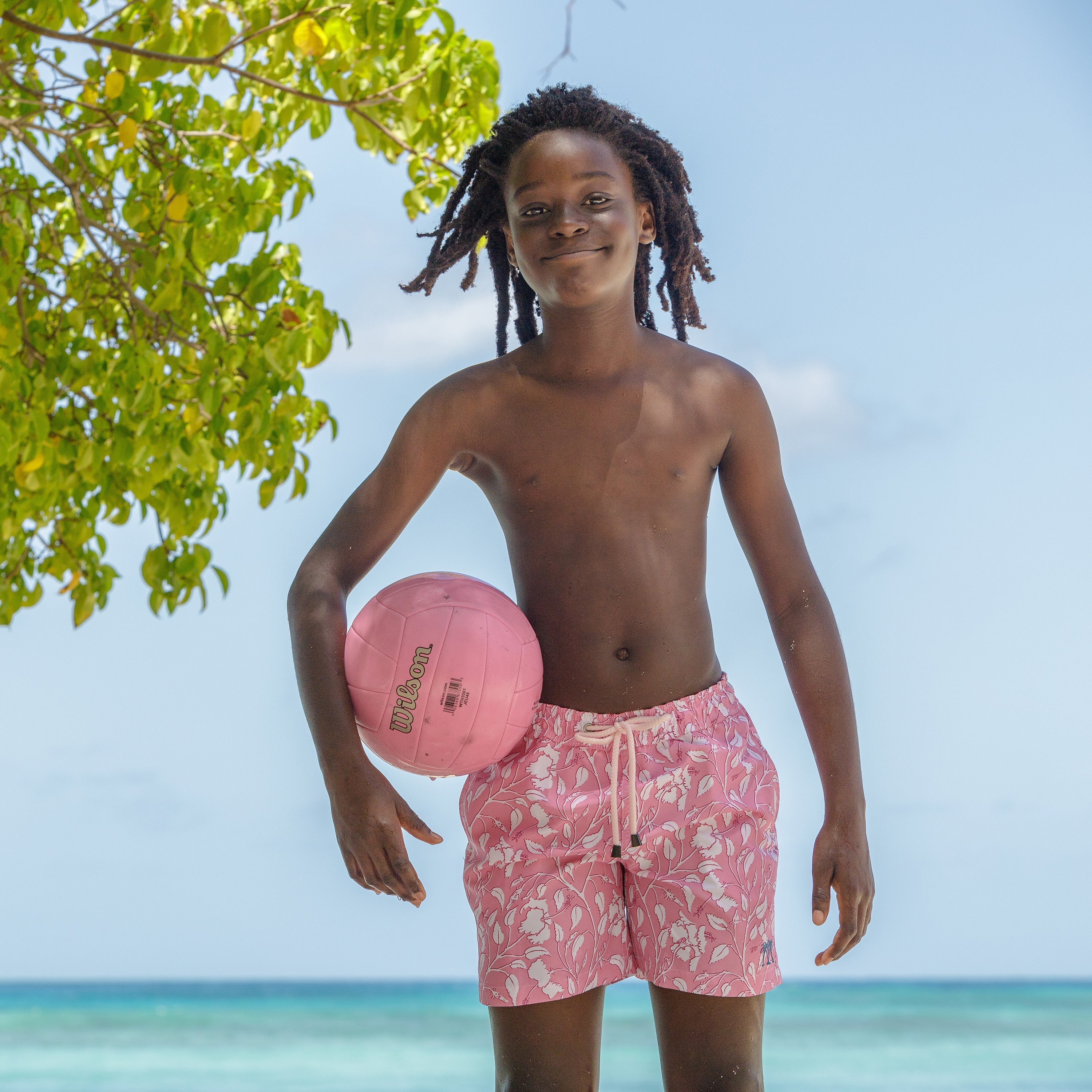 boy's trunks hibiscus pink Pink House Mustique Lagoon Bay football