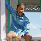 Boys tropical vacation shirt, green & blue palm tree print by Lotty B Mustique