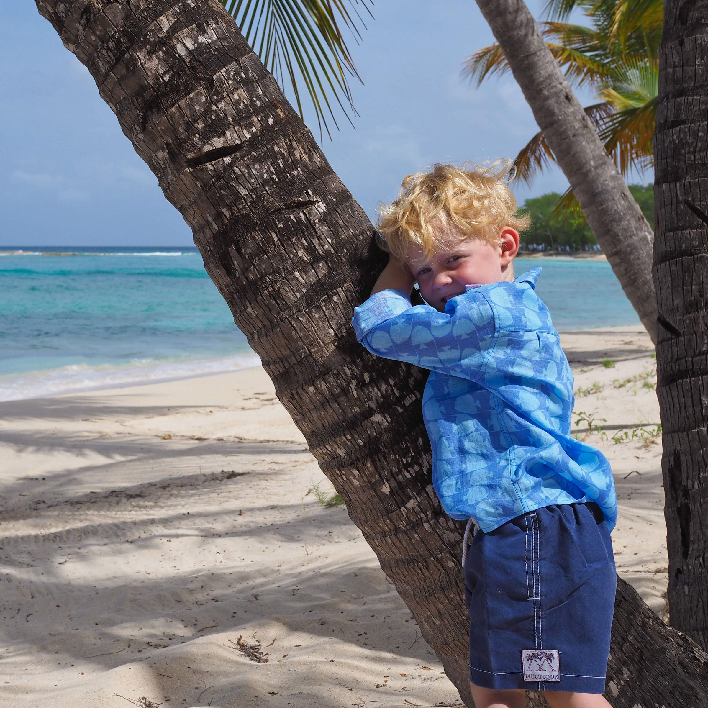 Childrens Linen Shirt: FISH - TURQUOISE designer Lotty B Mustique beach kids