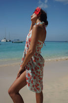 Lotty B Sarong in Silk Crepe-de-Chine: FLAMBOYANT FLOWER - ORANGE designer Lotty B, holiday style at Basil's Beach Bar Mustique