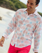 Beach chic linen shirt in coral and turquoise blue Potted Palm print by Pink House