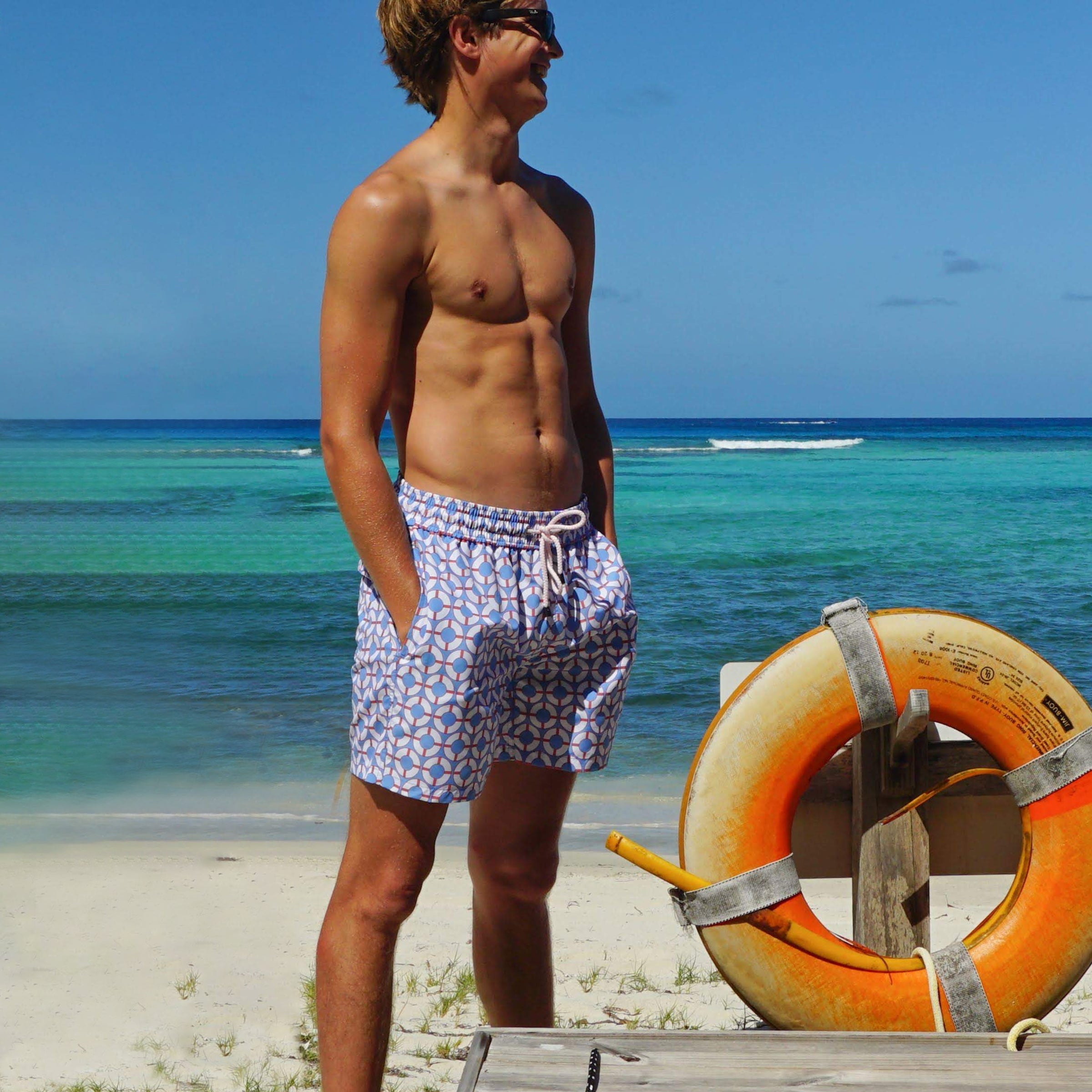 Mens swim shorts: LIFE RING - BLUE / RED designer Lotty B Mustique resortwear