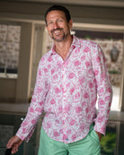 Holiday villa style mens linen shirt in Pomegranate pink print by designer Lotty B