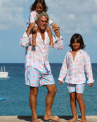 Casual stylish linens for all the family in coral and turquoise blue Potted Palm print by Pink House