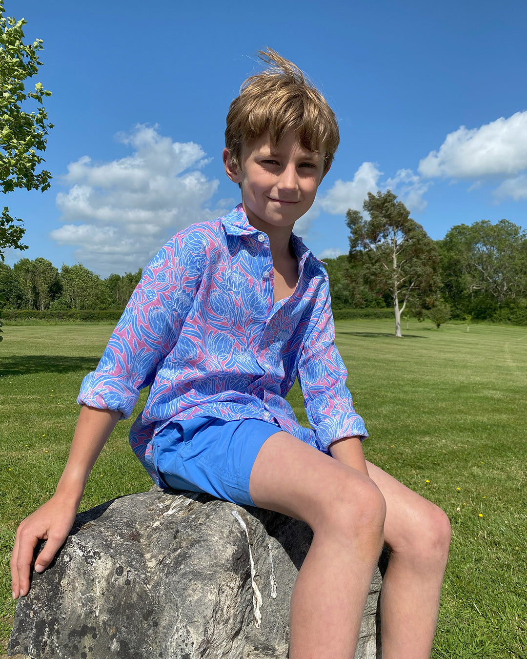 Childrens linen shirt in protea pink & blue print