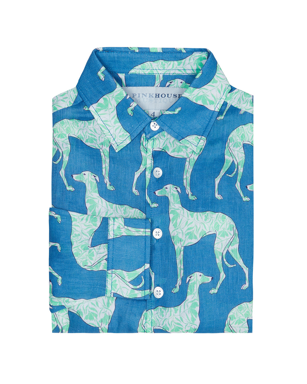 Kid's long sleeved linen shirt in Lurcher blue & green print