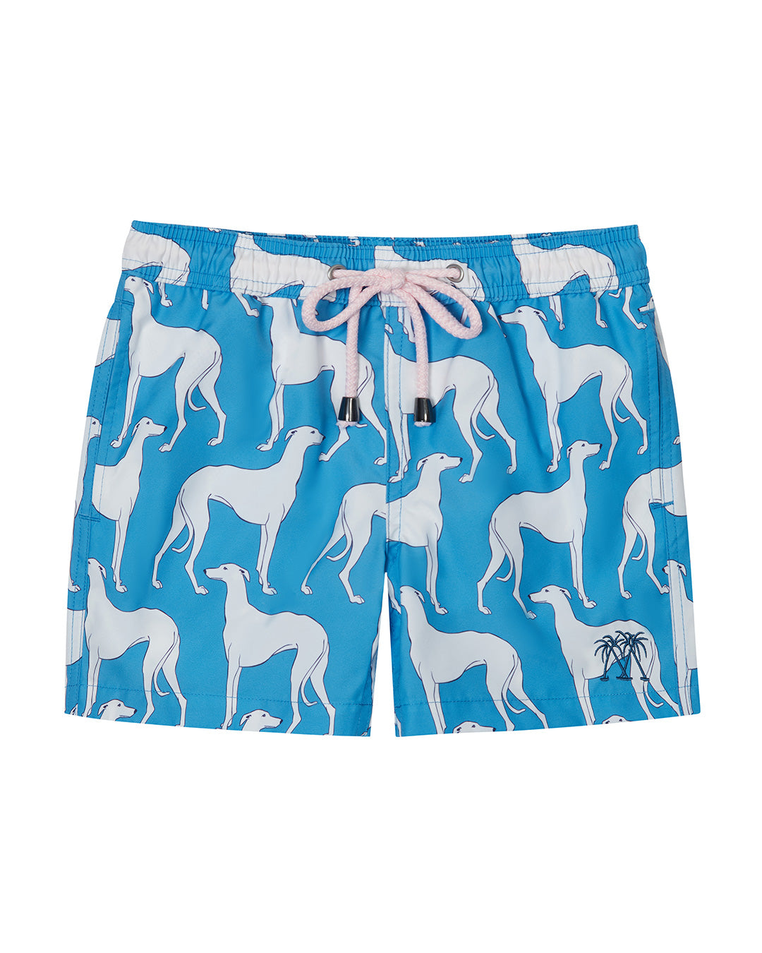 Kids recycled swim shorts in Lurcher blue print