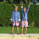 Childrens pure linen navy blue shirt & red blue logo palm stripe print swim shorts  by Lotty B for Pink House Mustique, childrens vacation styles