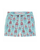 Boys recycled fabric turquoise blue swim shorts with red and blue Riva boat print by Lotty B