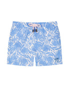 Kids swim shorts recycled fabric in floral protea blue and white print