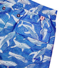 Swim shorts whale print blue velcro back pocket detail by designer Lotty B Mustique