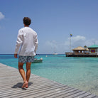 Mens swim trunks : PAPAYA - GREY PALE BLUE, on pontoon Mustique