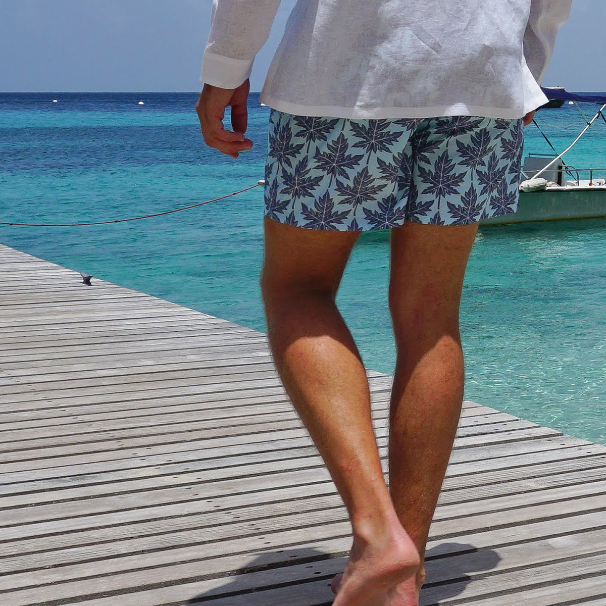 Mens swim trunks : PAPAYA - GREY PALE BLUE, Mustique Cotton Club jetty