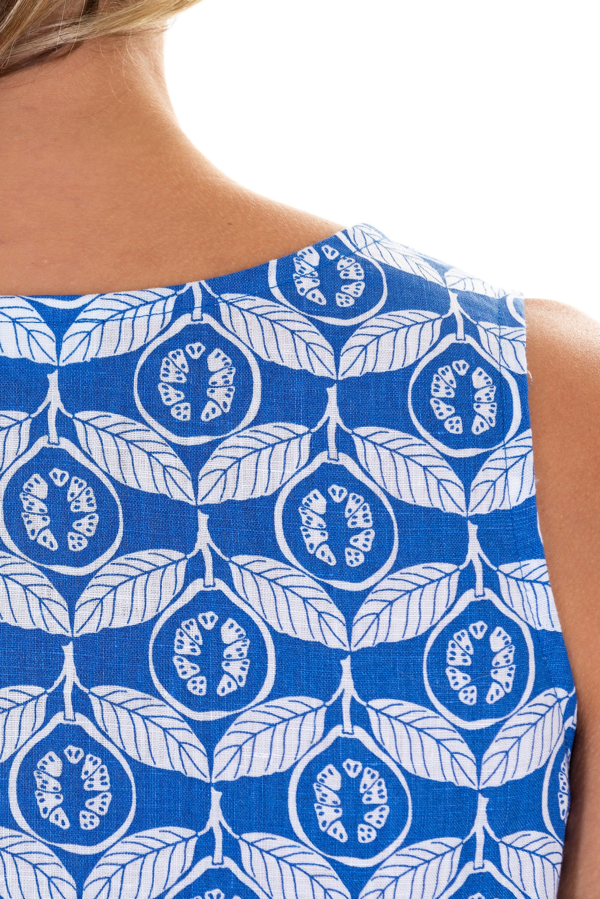 Womens Linen Sun Dress shoulder detail, Guava blue print by Lotty B Mustique