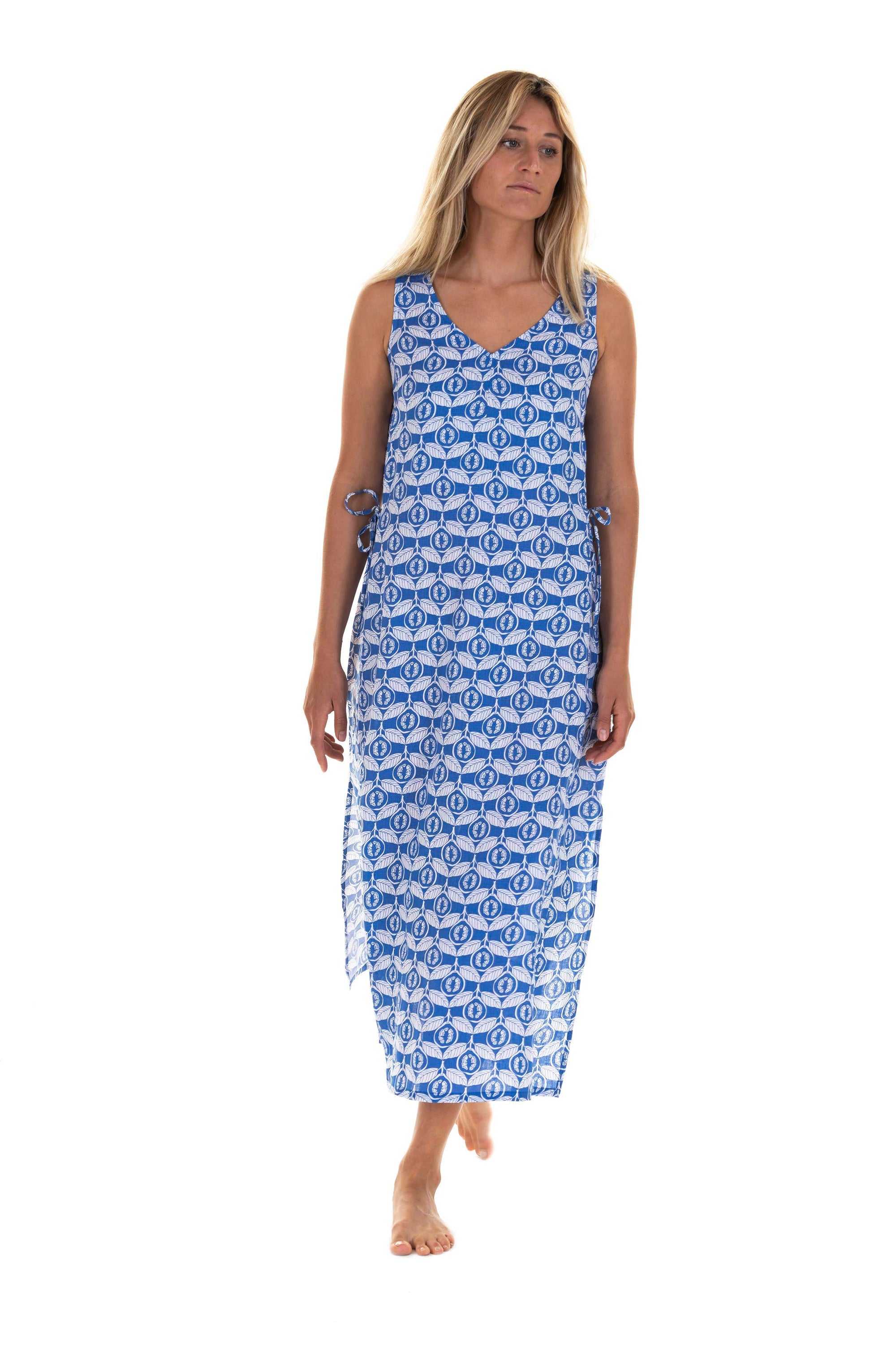 Womens Linen Long Maxi Boho Sun Dress, Guava blue print by Lotty B Mustique holiday fashion