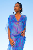 Designer silk kaftan, Ellie violet & turquiose blue Protea print by Lotty B Mustique