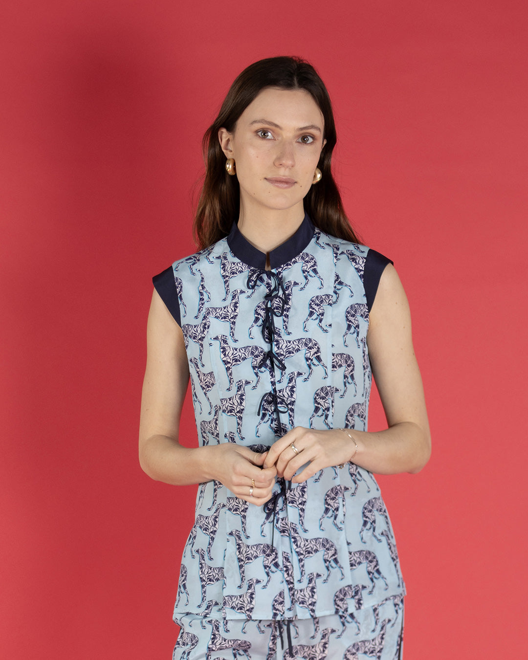 Designer silk Marina waistcoat top in pale blue crepe de Chine Lurcher print by designer Lotty B Mustique for Pink House Atelier Collections