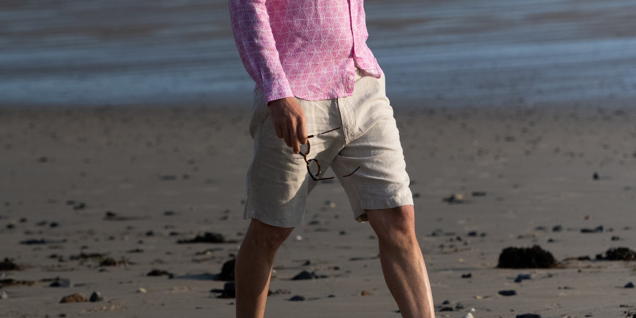 Mens beach vacation shorts in natural beige pure linen with pink linen Turtle shirt by Pink House