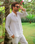 Classic holiday white linens mens shorts and shirt by Pink House