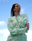 Buttoned cuff pure silk Kelly blouse in Protea sage green and white by designer Lotty B for Pink House  