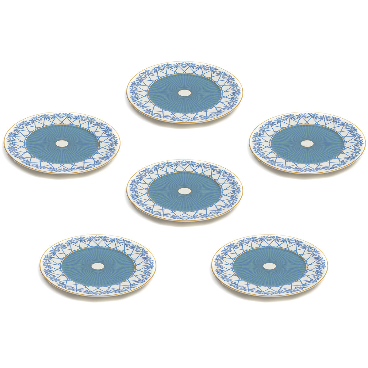 Fine Bone China decorative charger plate set (6 pieces) in Palms blue design by Lotty B