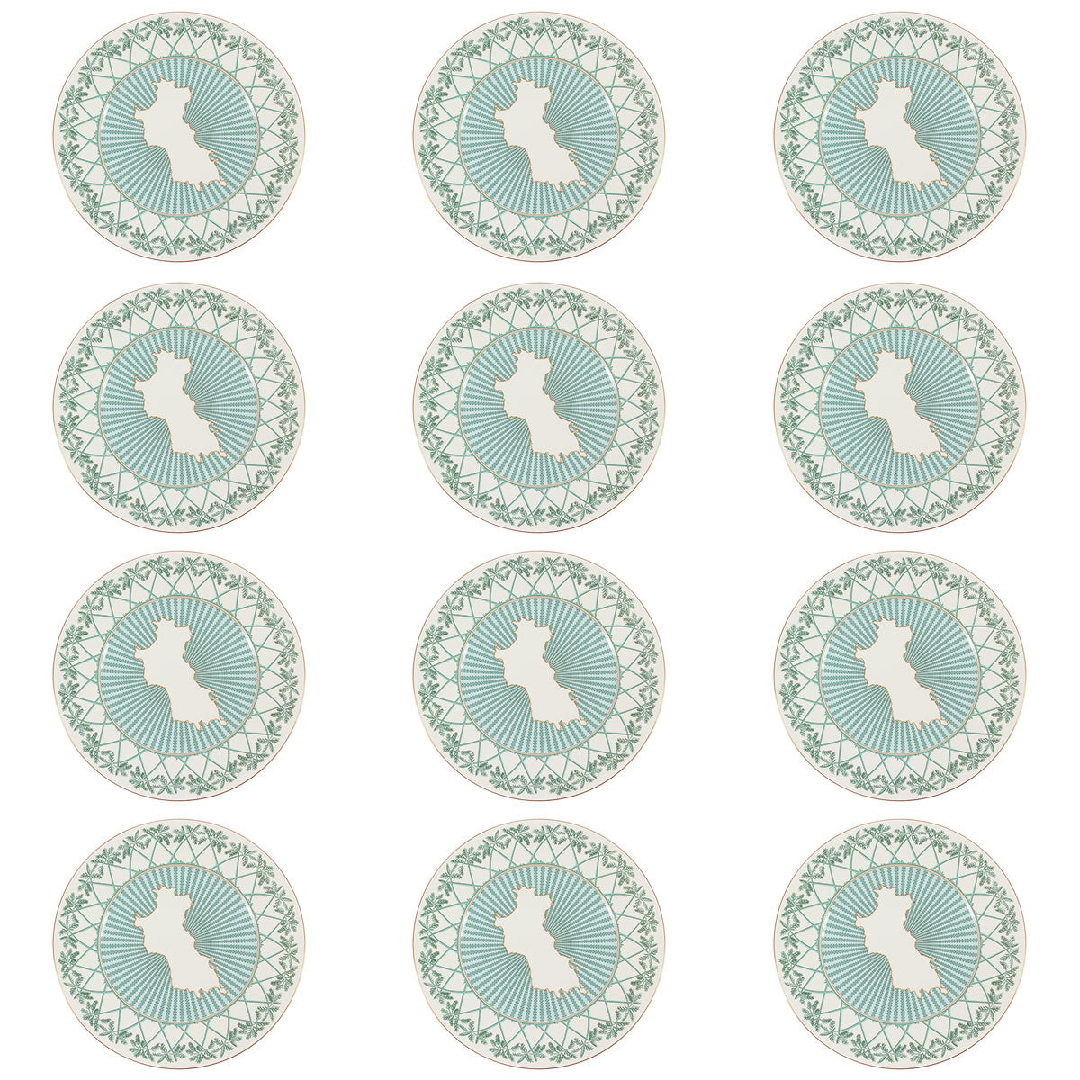 Fine Bone China decorative charger plate set (12 pieces) in Mustique Island green design by Lotty B