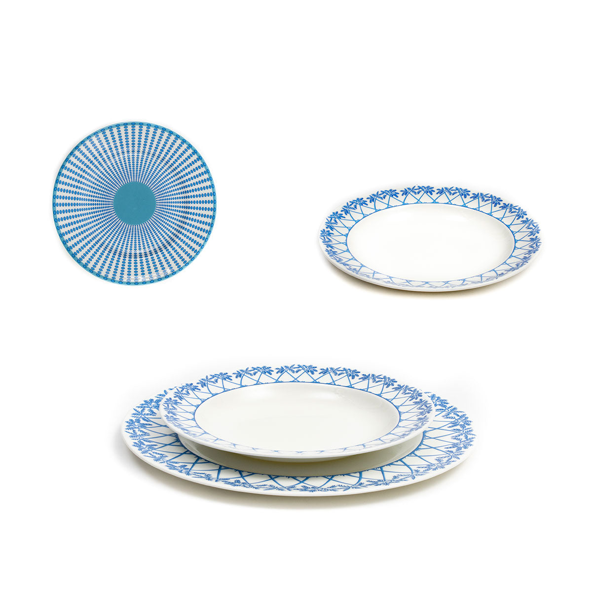 Fine bone china dinnerware set of plates and bowls in Palms blue design by Lotty B Mustique