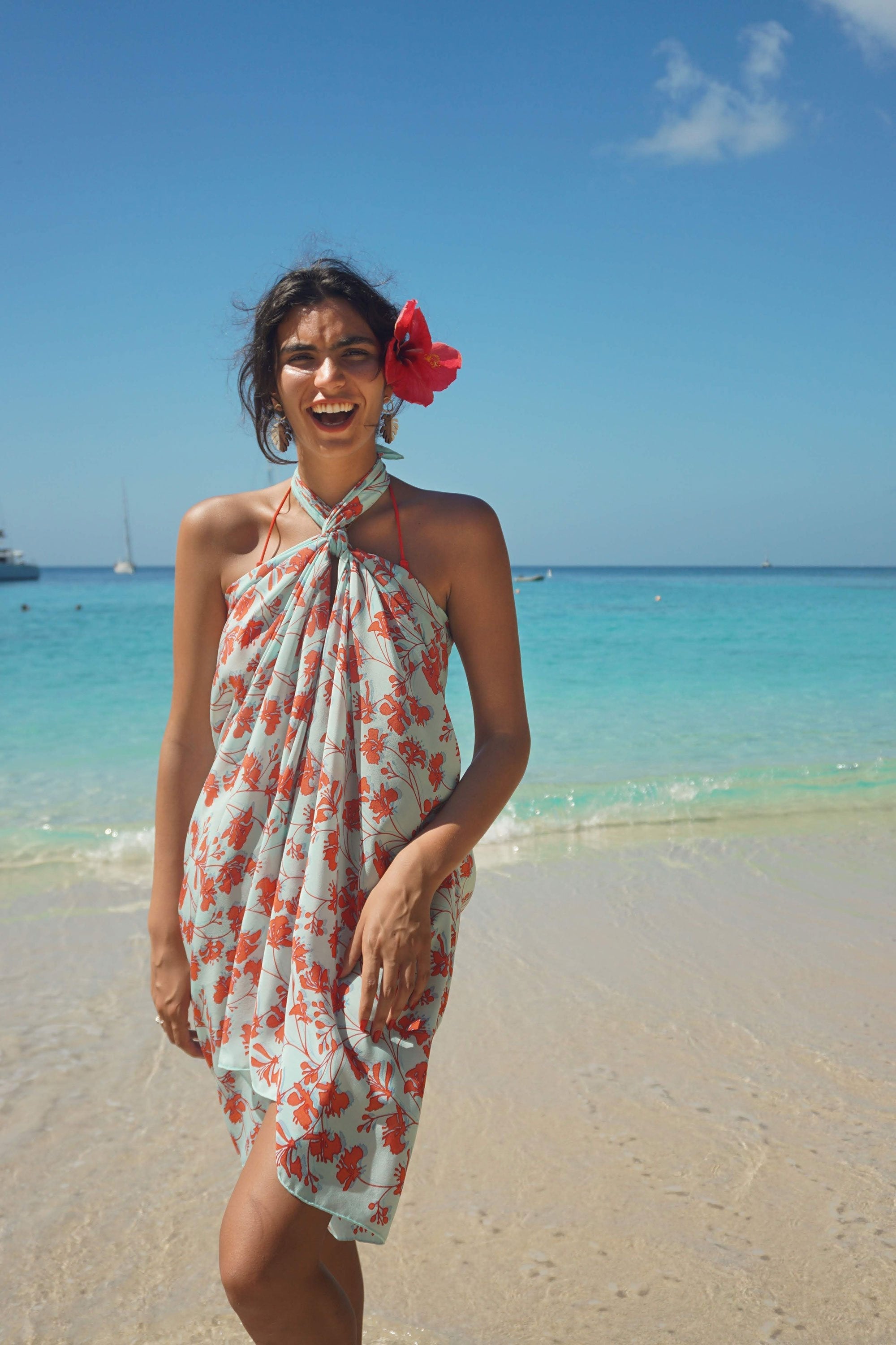 Lotty B Sarong in Silk Crepe-de-Chine: FLAMBOYANT FLOWER - ORANGE designer Lotty B, beach lifestyle at Basil's Beach Bar Mustique