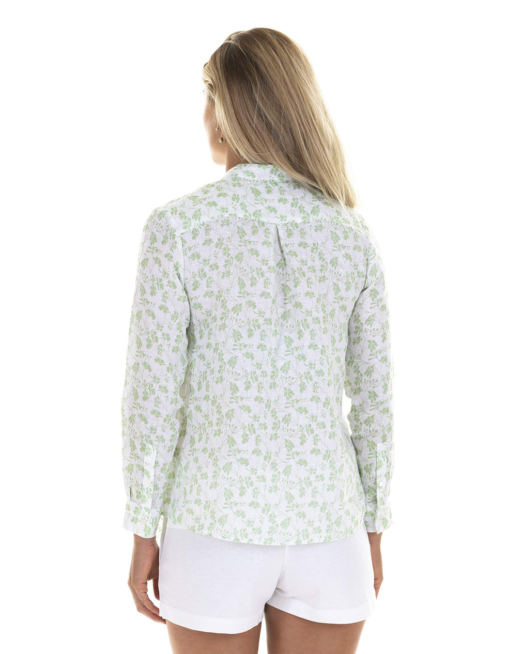 Womens Linen Blouse: FLAMBOYANT FLOWER - GREEN designer Lotty B Mustique