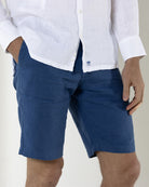 Mens holiday classics pure linen casual shorts in mid blue by Pink House 