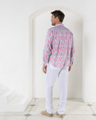 Men's casual fit linen shirt in coral and turquoise Parrot print designer Lotty B Mustique