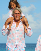 Holiday shirts in little and large for all the family in coral and turquoise blue Potted Palm print by Pink House