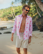 Comfortable mens linen holiday shorts in natural beige with pink linen Turtle shirt by Pink House