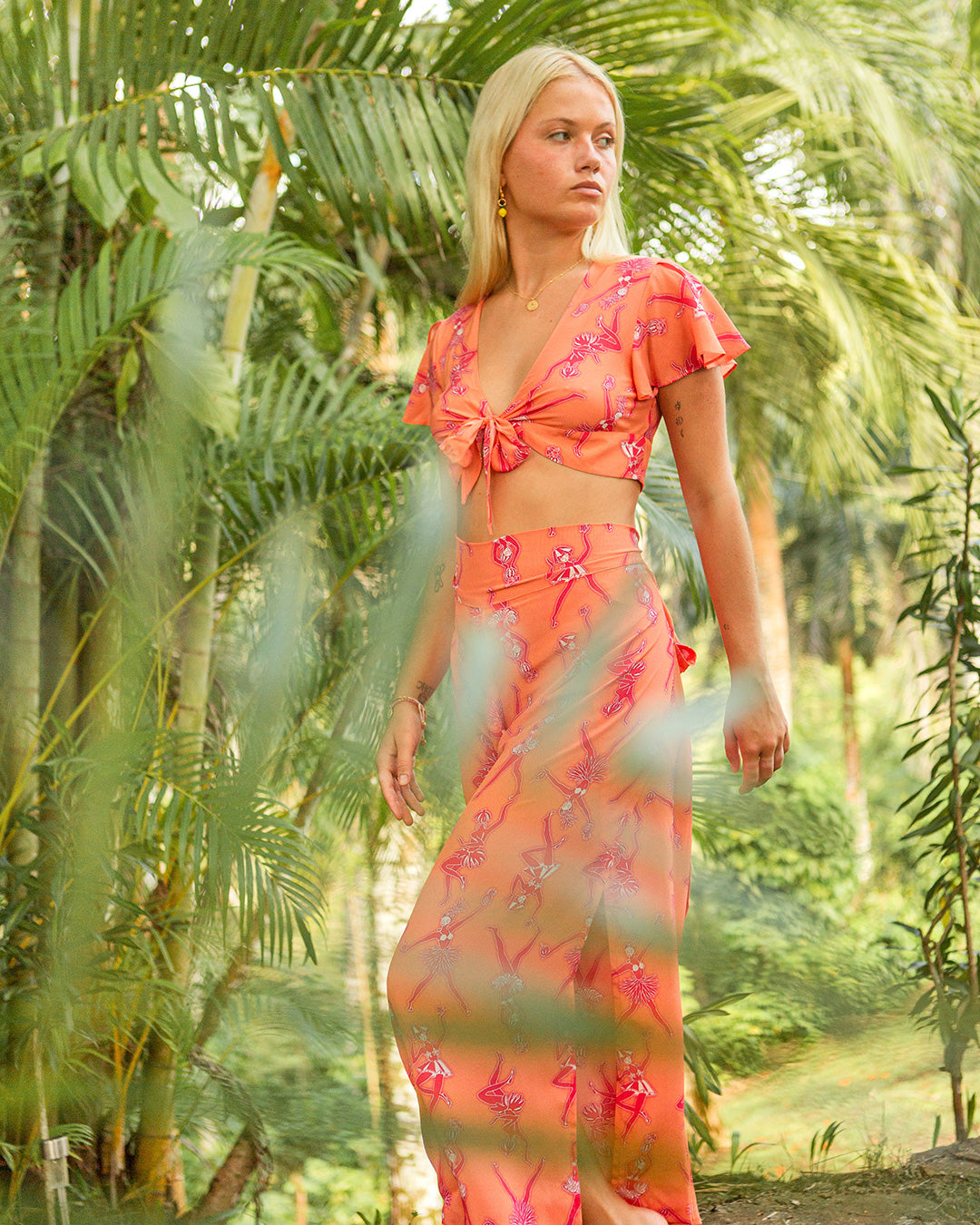 Island resort outfits silk Lyla crop top in Fruit Punch pink and orange print by designer Lotty B for Pink House