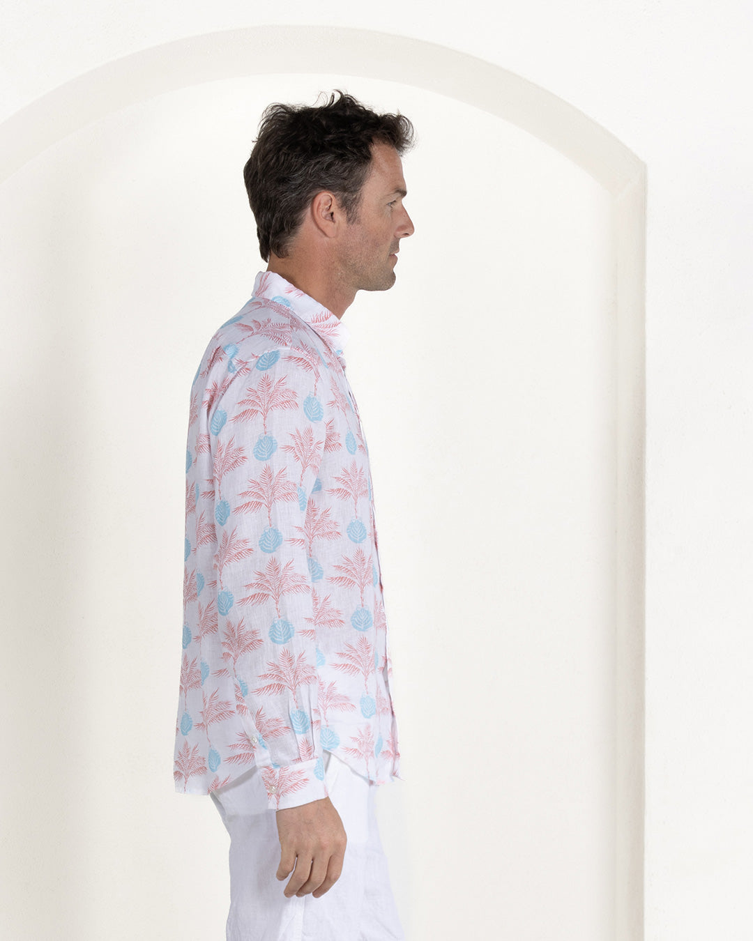 Mens stylish resortwear pure linen shirt in coral and turquoise blue Potted Palm print by Pink House