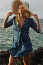 Pure linen Decima dress by Lotty B in Ensign Blue for Pink House Mustique holiday style