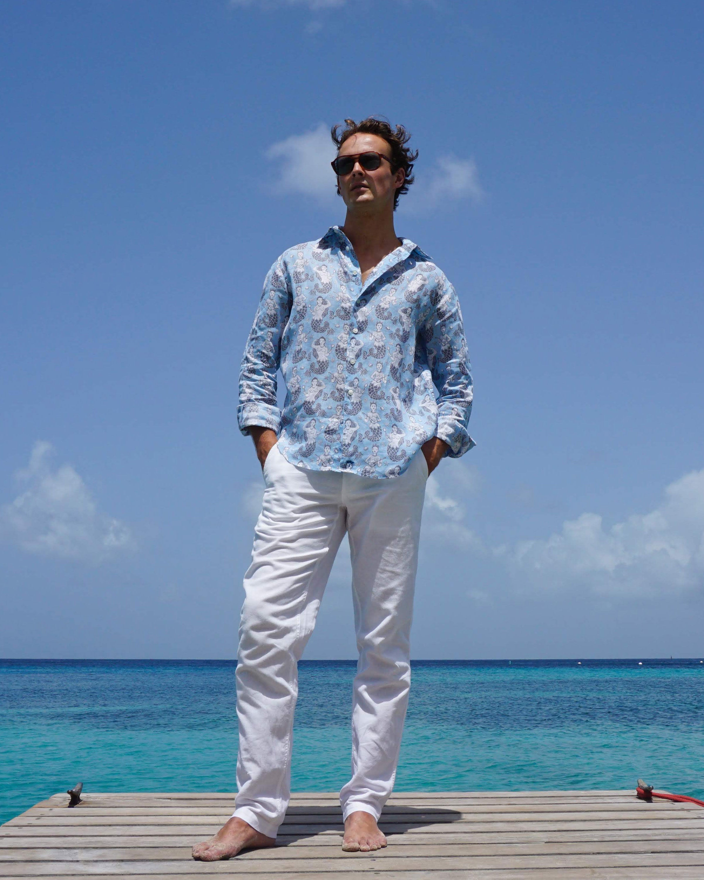 Mens Linen Shirt : MERMAID GREY / PALE BLUE easy to wear holiday shirts