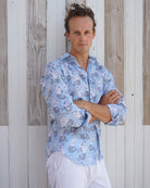 Mens Linen Shirt : MERMAID GREY / PALE BLUE Mustique Caribbean beach style