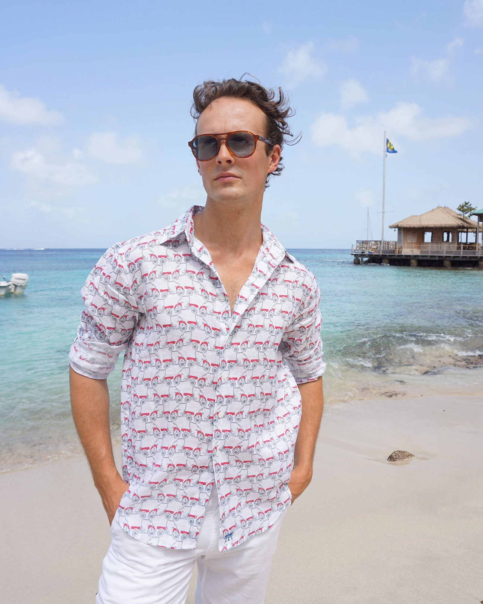 Mens Linen Shirt : MUSTIQUE MULE - RED Mustique beach style at Basils Bar