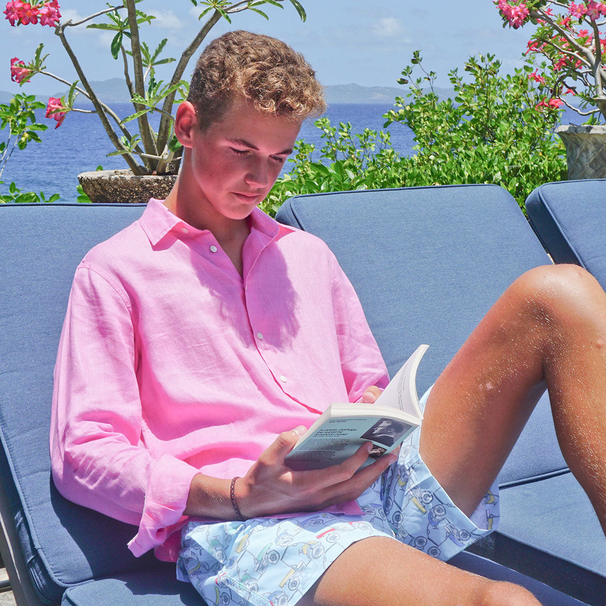 Kids summer vacation shirt in Fuchsia Pink linen, Mustique island lifestyle