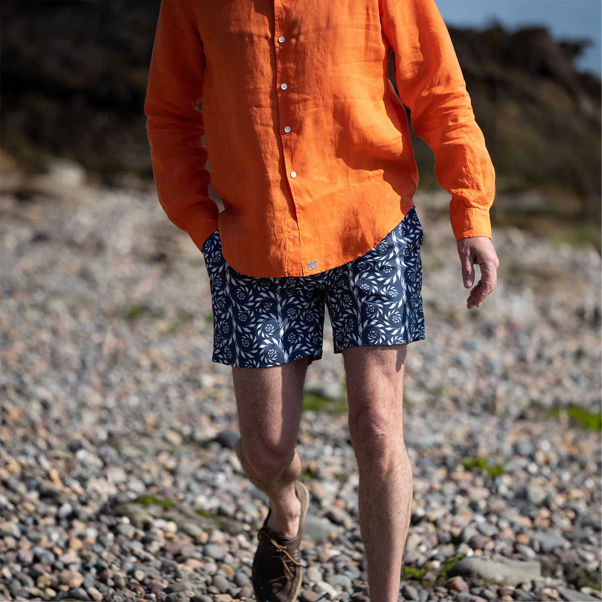 Vacation style men's swim shorts in Fern navy blue print crafted in premium recycled quick dry fabric