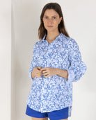 women's linen holiday top in blue Parrot print by designer Lotty B