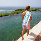 Mens swim trunks : PALM STRIPE - RED, life by the pool Mustique