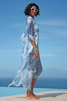 Lea Kaftan: TURTLE - BLUE in pure silk chiffon, floaty poolside cover up by Lotty B Mustique