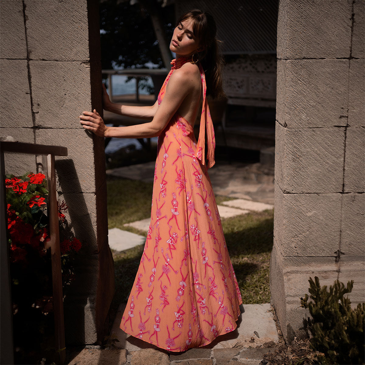 Long pure silk vacation dress in Fruit Punch sunset print by resortwear designer Lotty B