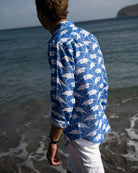 Mens Linen Holiday Shirt Blue Egret print by designer Lotty B Mustique