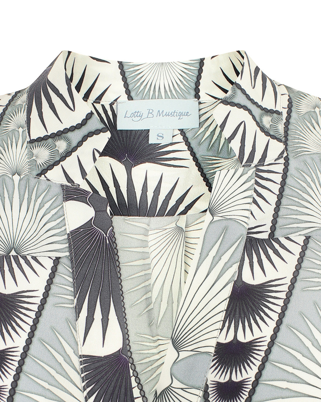 Lotty B Silk Crepe-de-Chine Blouse: FAN PALM REPEAT - BLACK & WHITE collar detail