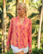 Womens tropical vacation style pure silk Crepe-de-Chine Kim blouse in Fruit Punch pink and orange print by designer Lotty B for Pink House