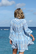 Lotty B Short Kaftan in Silk Crepe-de-Chine: PINEAPPLE - BLUE back Mustique