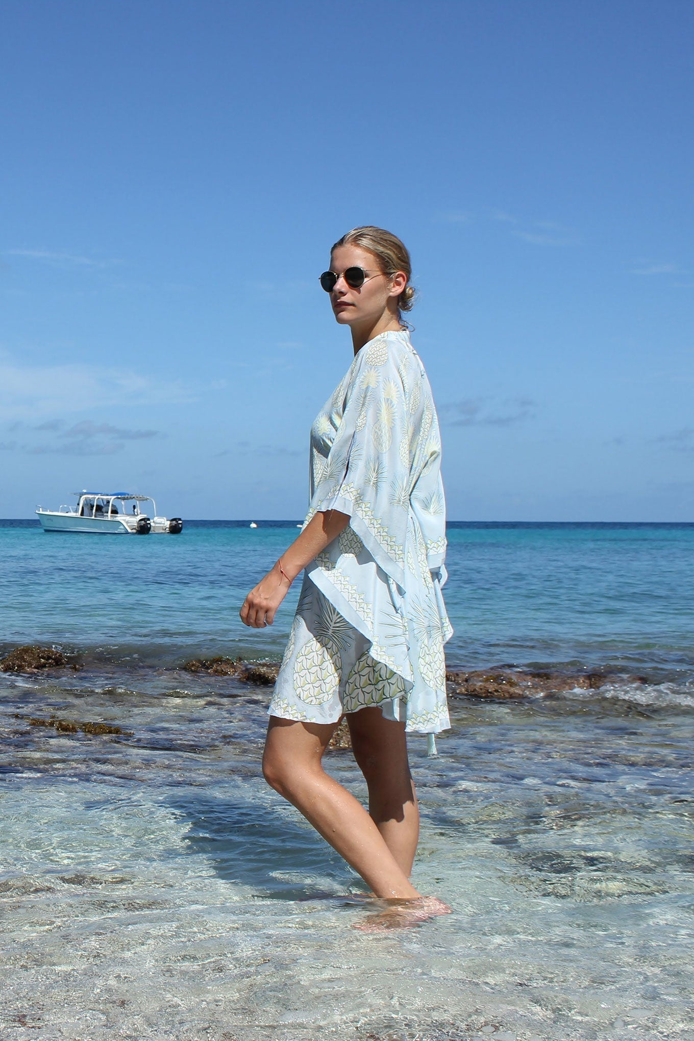 Lotty B Short Kaftan in Silk Crepe-de-Chine: PINEAPPLE - OLIVE side walking Mustique